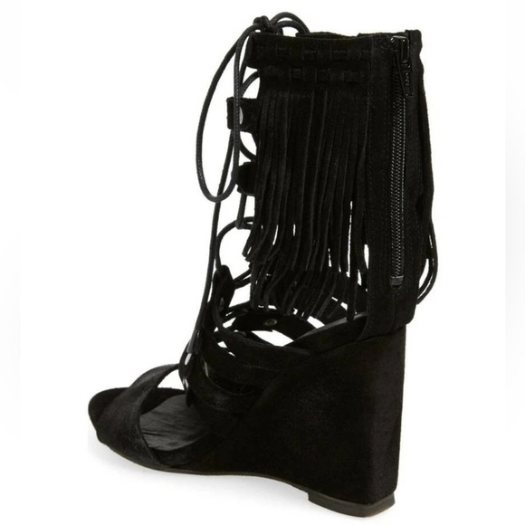 Free People Solstice Suede Fringe Wedge Sandals Black - Picture 12 of 16